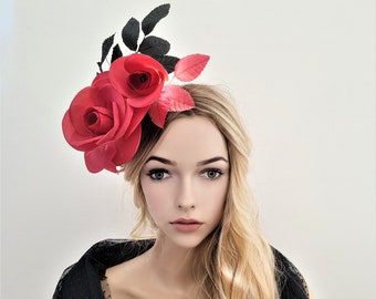 Red Rose Flower Fascinator, Headpiece, Black Leaf Vine, hatinator