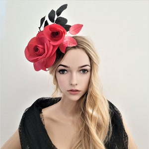 Red Rose Flower Fascinator, Headpiece, Black Leaf Vine, hatinator image 1