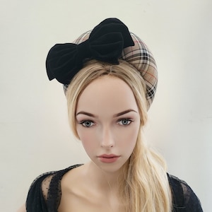 Beige Plaid Tartan Headband, Black Velvet Bow, Halo Crown Fascinator, 6.5 cms Wide Wedding Headpiece Races, optional veil