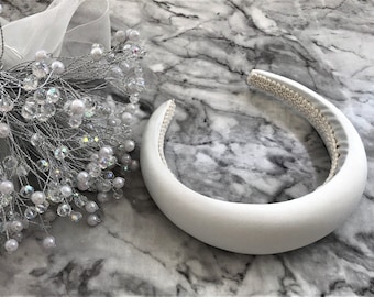 Ivoren gewatteerde hoofdband, bruidshoofdsieraad van Duchess Satin, 4 cm breed, fascinator