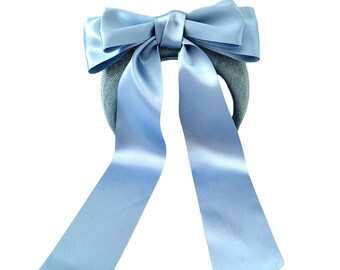 Baby Blue Satin Bow Headband Fascinator, on a Sinamay Halo Base, with tails