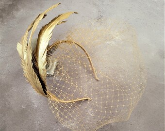 Gold Feather Design Fascinator, Leather Headpiece,Blusher Veil, Headband,