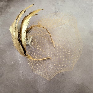 Gold Feather Design Fascinator, Leather Headpiece,Blusher Veil, Headband,