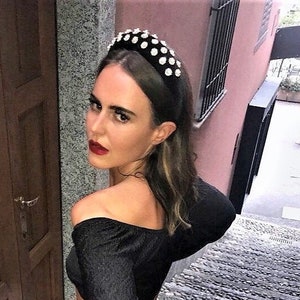 Diamante Flower Padded headband, Black Velvet Matador style, Gold tone Embellished Fascinator, 4 cms