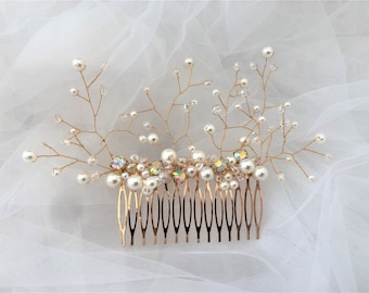 Beautiful Diamante Hair Comb Slide with Pearls and Crystals in Gold Tone 8 cms