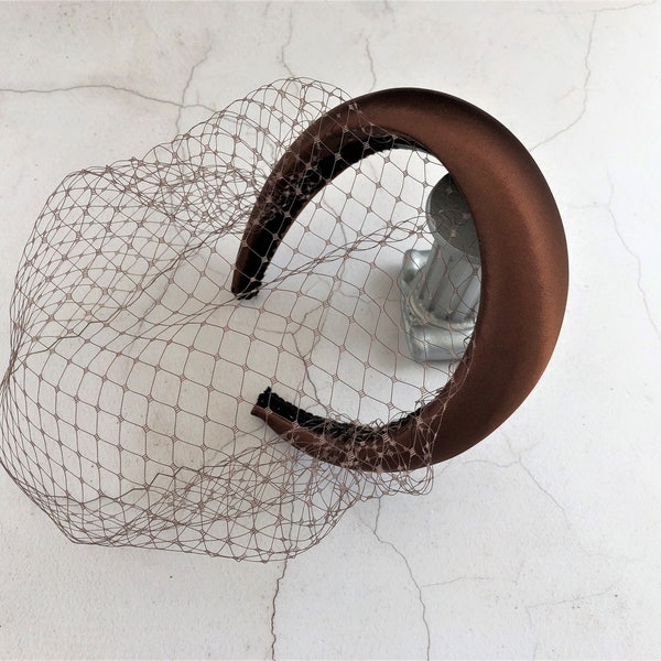 Bronze Brown Satin Padded headband, Fascinator, with blusher nose length veil, 4 cms wide headpiece