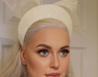 Ivory Halo Headband with Back Bow, Elegant Ivory Fascinator for Weddings and Races