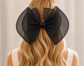 Tocado negro con doble lazo, pinza para el cabello, tamaño grande con satén, accesorio para el cabello de novia