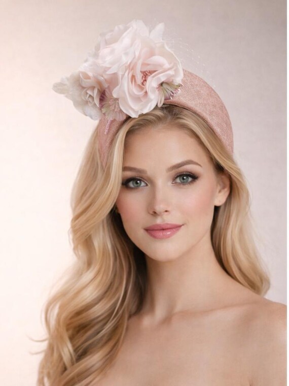 Pale Pink Flower Fascinator Headband, Net Veiled Headpiece 