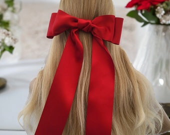 Big Red Satin Bow Hair Clip with Long Tails, Fascinator, Bridal or Bridesmaid, Double Bow 22 cms Wide,