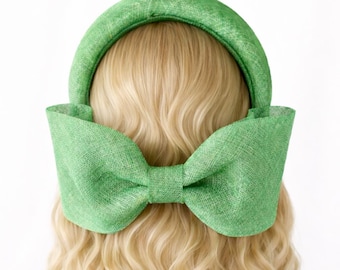 Green Headband Fascinator, with Back Bow, 10 cm wide, ridged design