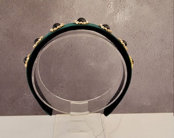 Green Velvet Jewelled Headband, Black Cabochon Diamante, 2.5  display picture 1
