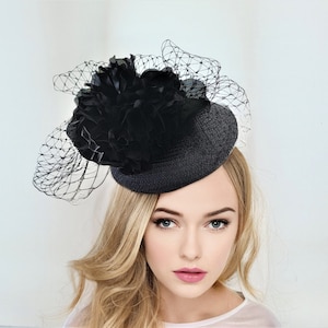Black Flower Pillbox Hat, Fascinator with  Bow Veiling, Percher, Races , Hatinator, wedding headpiece,