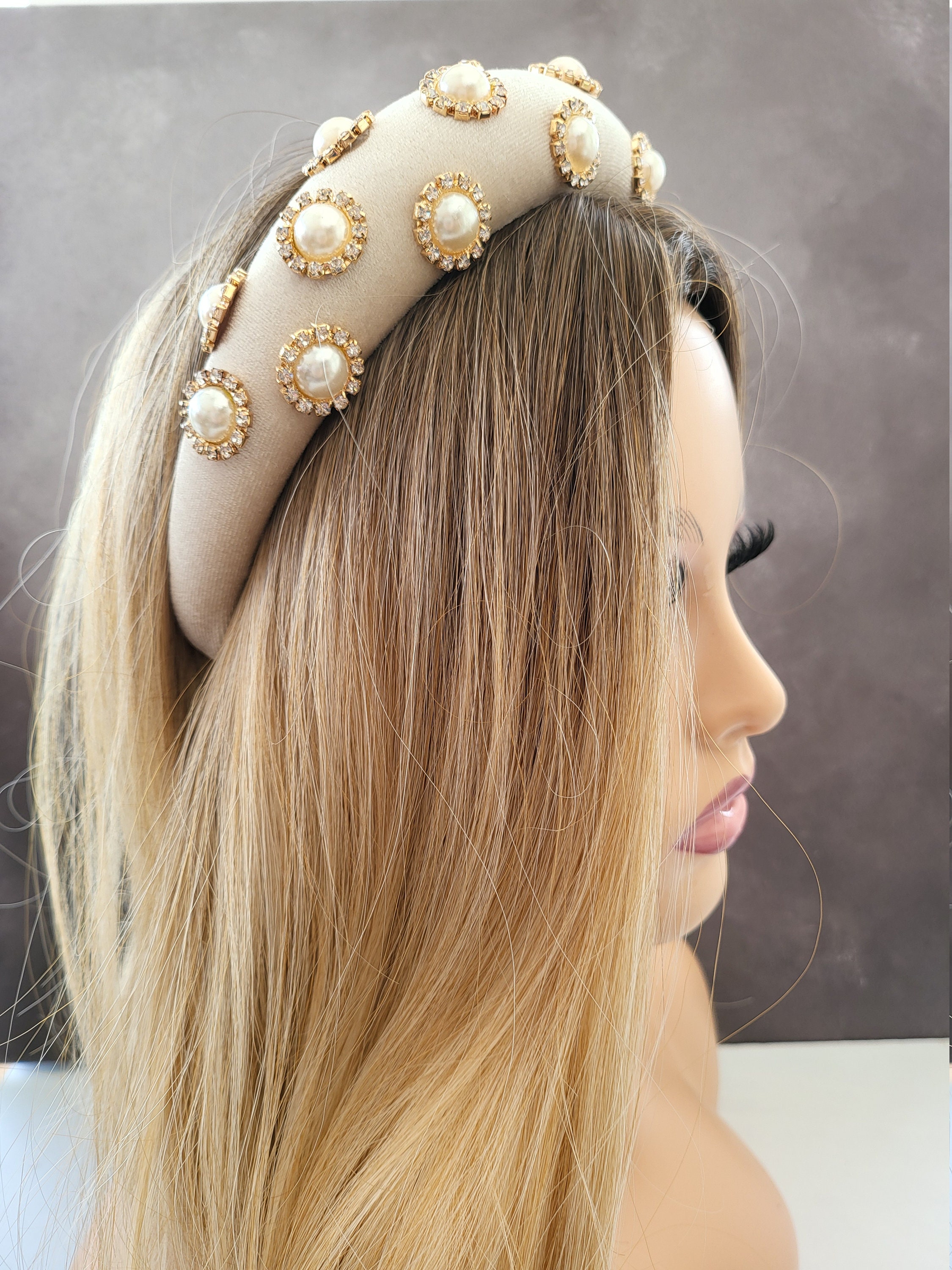 Beige Gold Diamante Padded Headband, Jewelled Headpiece  display picture 2