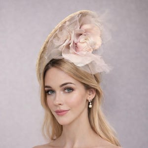 Large Blush Pink Flower Fascinator, Percher Hat, Beige Saucer, Races , Hatinator, wedding headpiece,