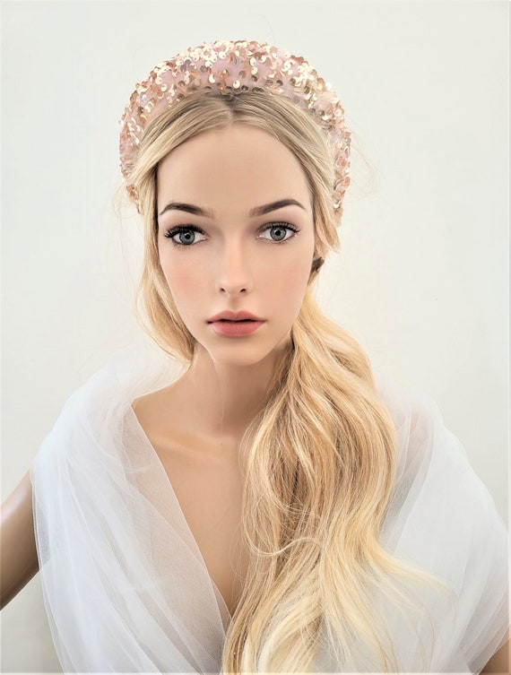 Pink Sequin Padded Headband, on Blush Velvet, 4 Cms Wide, - Etsy display picture 3