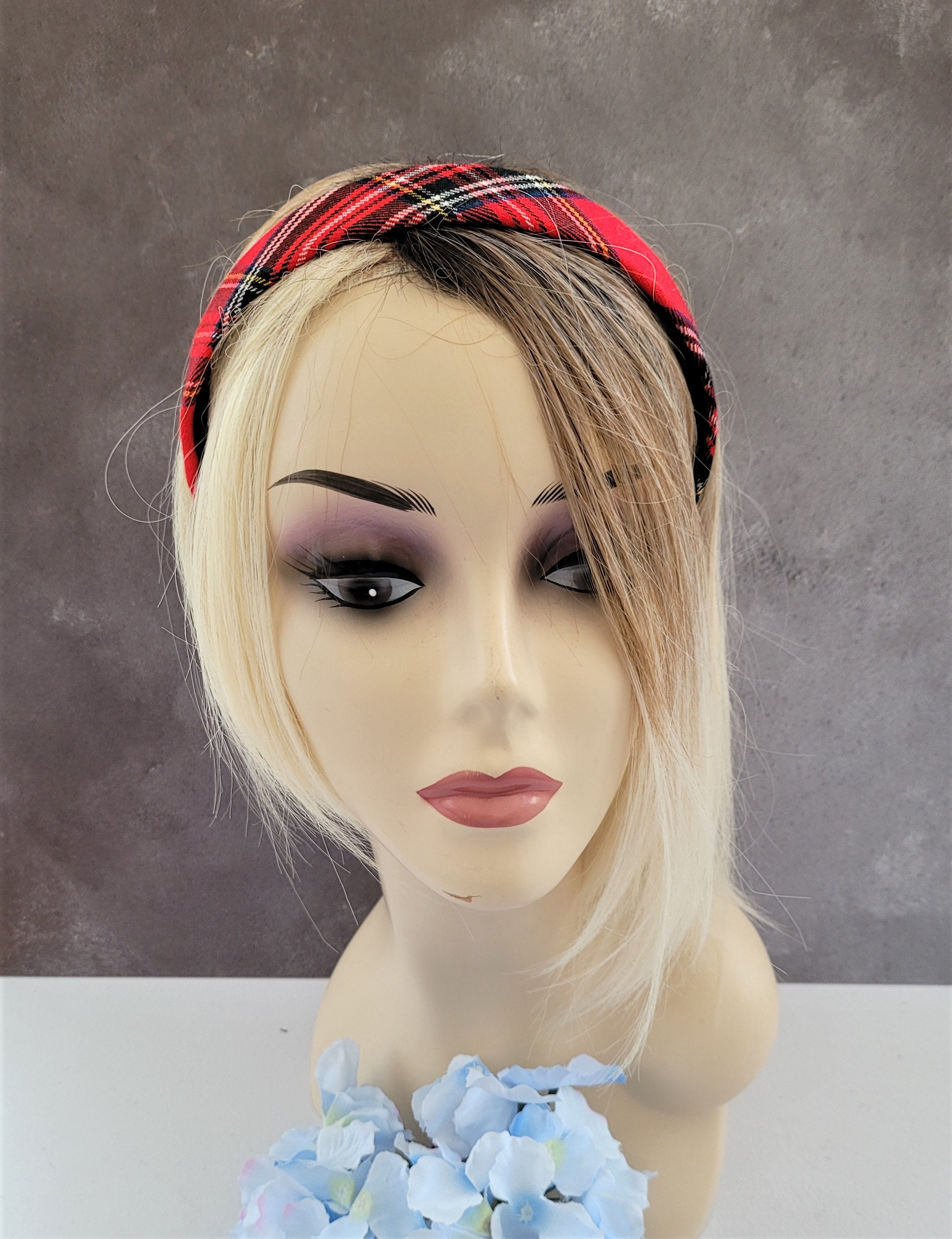 TRKETK 2 Stück Tartan Stirnbänder & 2 Haargummis Kariert - Vintage Design, Elastisch, Für Damen & Mädchen (Rot & Blau)