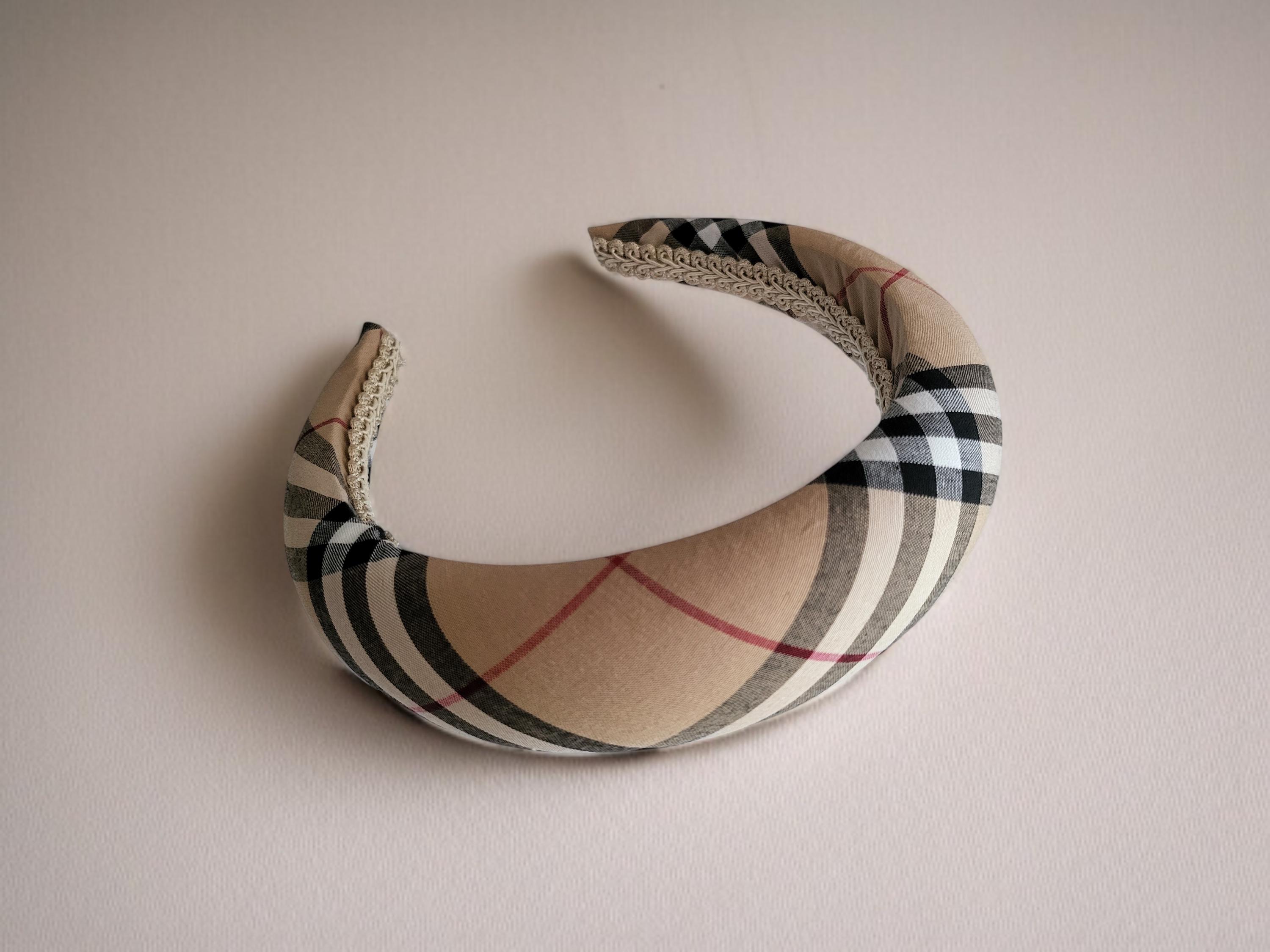 Beige Tartan Padded Headband, Black Checked Plaid Hair Band  display picture 1
