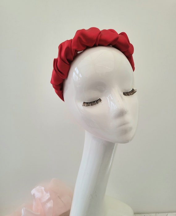 Red Satin Scrunchie Headband Ruffle  wedding Red Silk Headband, Ruched Ruffle Scrunchie Headpiece, PURE  main image 4
