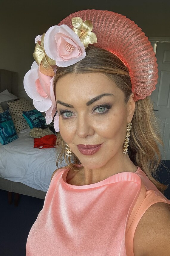 Coral Orange Fascinator Headband, Peachy Pink Silk Rose  display picture 1