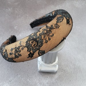 Black Lace Padded headband, over Gold satin, 4 cms Wide, Matador Shape