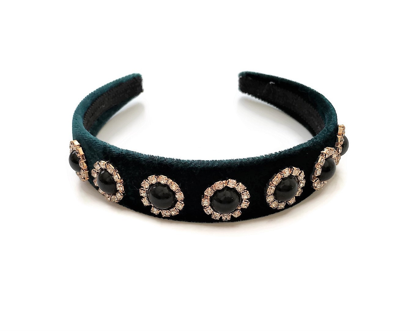 Green Velvet Jewelled Headband, Black Cabochon Diamante, 2.5 