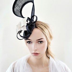 Blue bow Fascinator, Ivory Leather Leaf Percher Hat, Races , Hatinator, wedding headpiece,