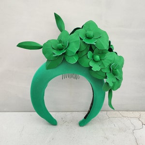 Green Satin Fascinator, Flower Headpiece, Halo Headband, Tall Padded Hair band, leather orchids, image 7