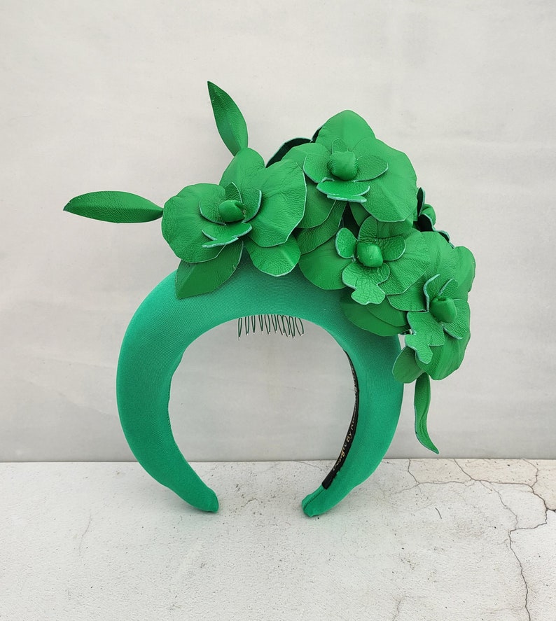 Green Satin Fascinator, Flower Headpiece, Halo Headband, Tall Padded Hair band, leather orchids, image 7