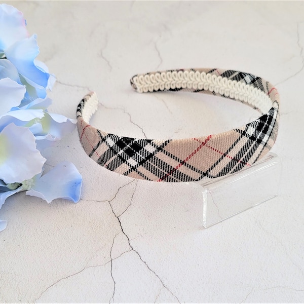 Beige Tartan Check Alice Band, Plaid Headband, Hair Band, 2.5 cms Wide Beige and Black, matching child's size