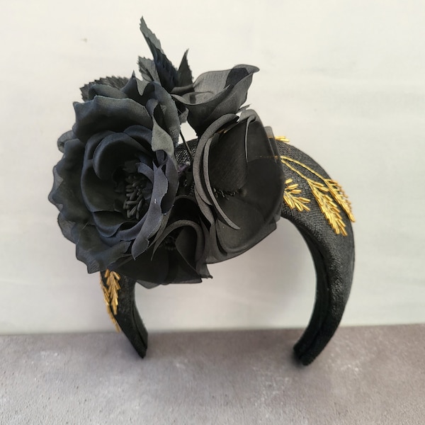 Black Flower Fascinator Headband, on Sinamay Halo, Lightweight, Races Headpiece, 6 cms Wide,