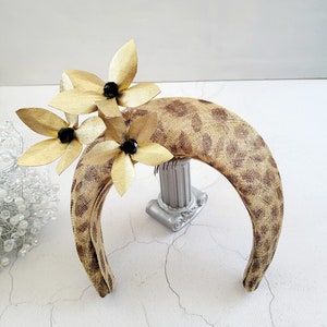 Leopard Animal Print Halo Fascinator Headband, with Gold Leather flowers, Beige Lightweight Races Headpiece image 2