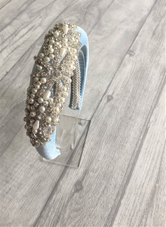 Powder Blue Velvet Jeweled Headband – Crystals & Pearls  display picture 1