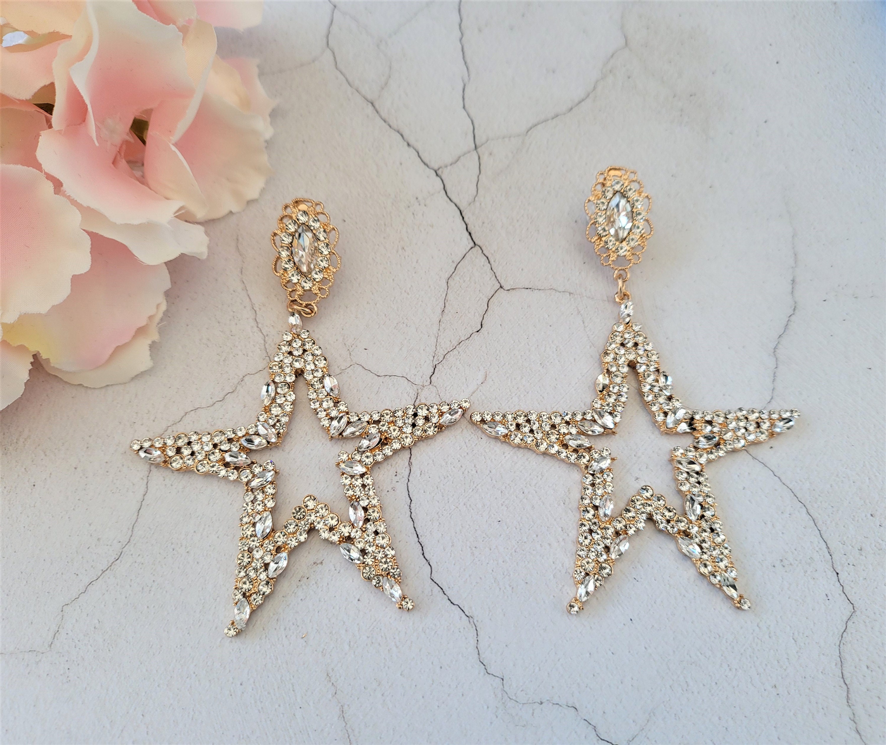 CLIP ON Big Diamante Star Hoop Drop Earrings in Gold Tone with | Etsy