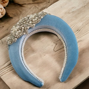 Blue Velvet Jewelled headband fascinator with Crystals and Pearls, Tall Embellished Headpiece for Races
