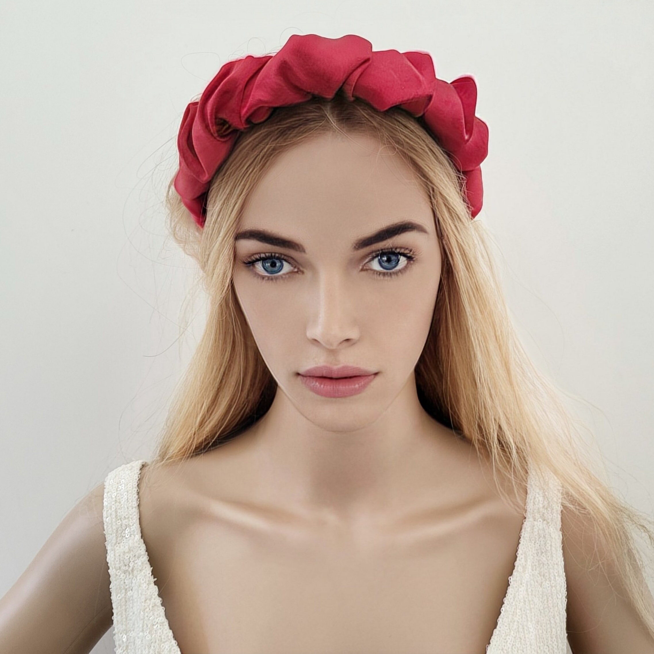Red Satin Scrunchie Headband Ruffle  wedding Red Satin Ruffle Headband | Micale | Lynn main image 2