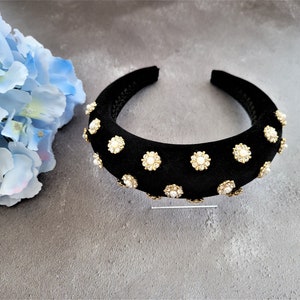 Diamante Flower Padded headband, Black Velvet Matador style, Gold tone Embellished Fascinator, 4 cms image 3