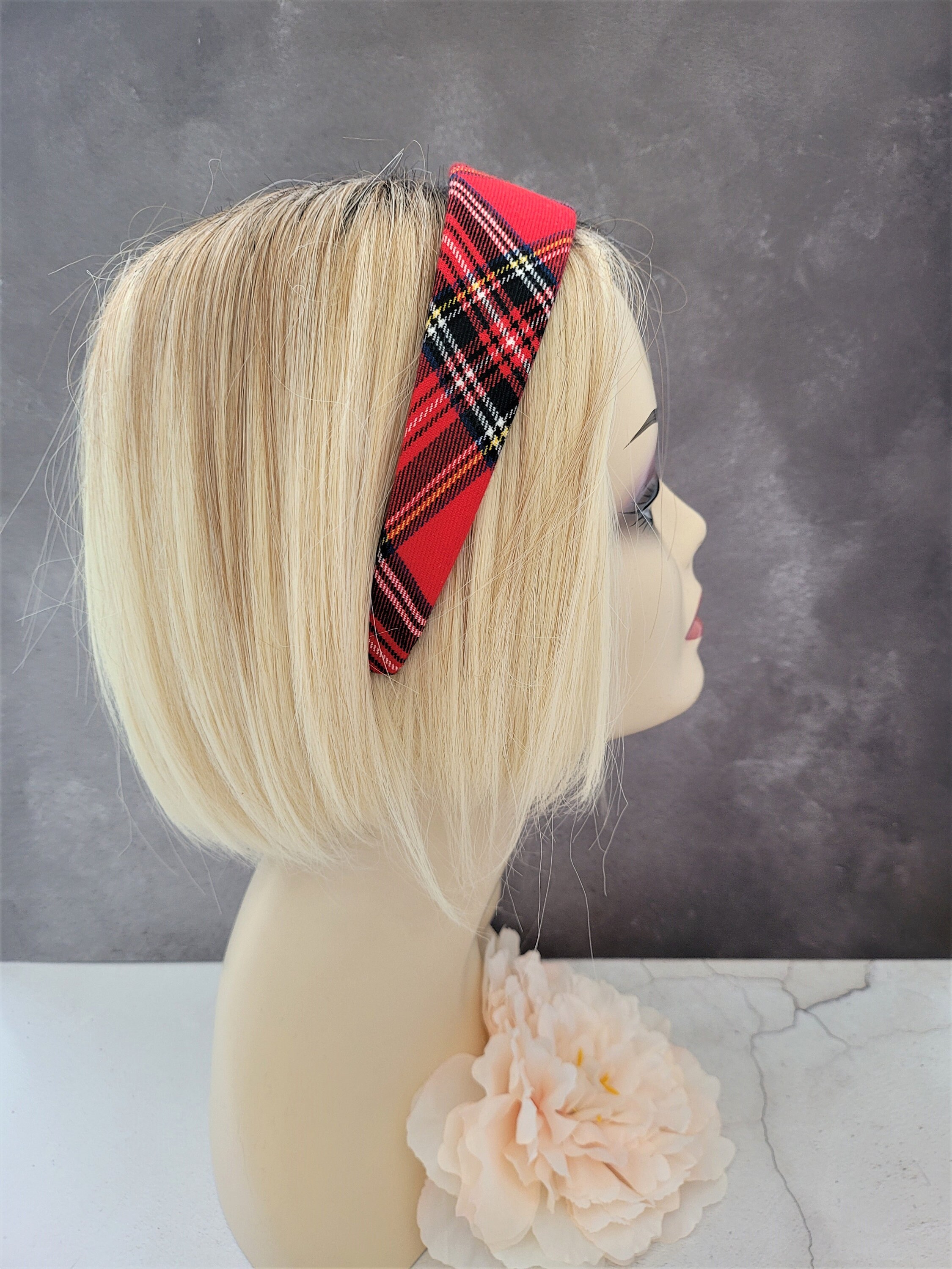 TRKETK 2 Stück Tartan Stirnbänder & 2 Haargummis Kariert - Vintage Design, Elastisch, Für Damen & Mädchen (Rot & Blau)
