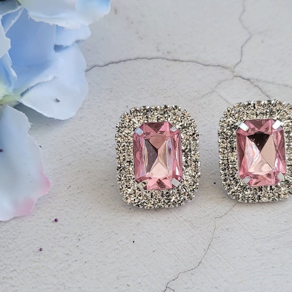 Pink diamante stud drop earrings in Silver Tone Crystal rhinestone CLIP ON  or pierced 3 cms long