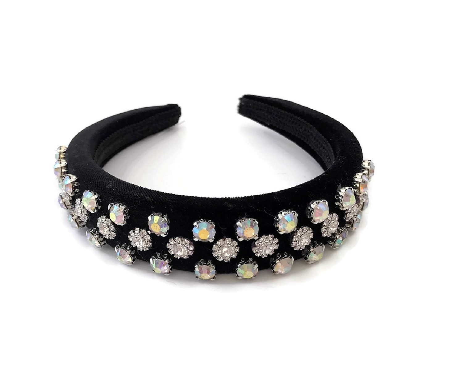 Beautiful Black Smooth Flock Covered Padded Alice Band with Clear and AB Crystal Diamante Jewels 2.6 cms Wide Fascinator Hair Jewellery