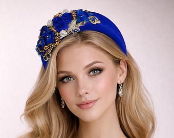 Royal Blue Fascinator Headband with Flowers and Diamante, 7 cm wide wedding races headpiece