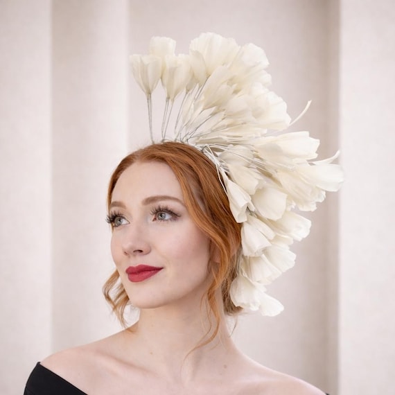 Ivory Floral Feather Fascinator Headband, Tall Wedding Hat 
