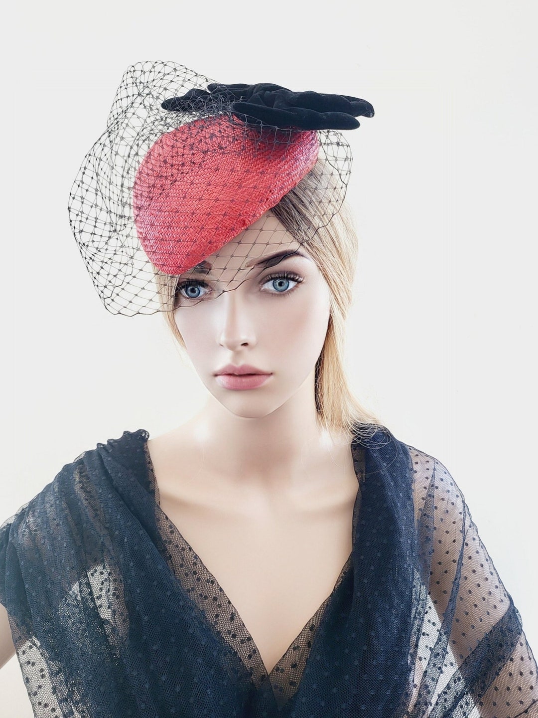 Red Pillbox Hat Fascinator, With Black Bow and Veil, Straw Percher Hat