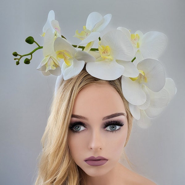 Bibi fleur d'orchidée ivoire, bandeau, couronne de fleurs, bandeau rembourré en satin duchesse