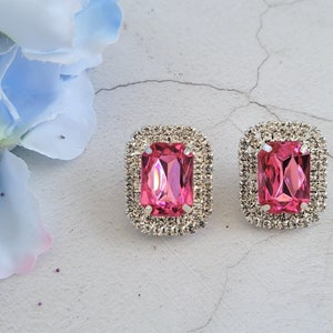 Deep Pink diamante stud drop earrings in Silver Tone Crystal rhinestone CLIP ON  or pierced 3 cms long