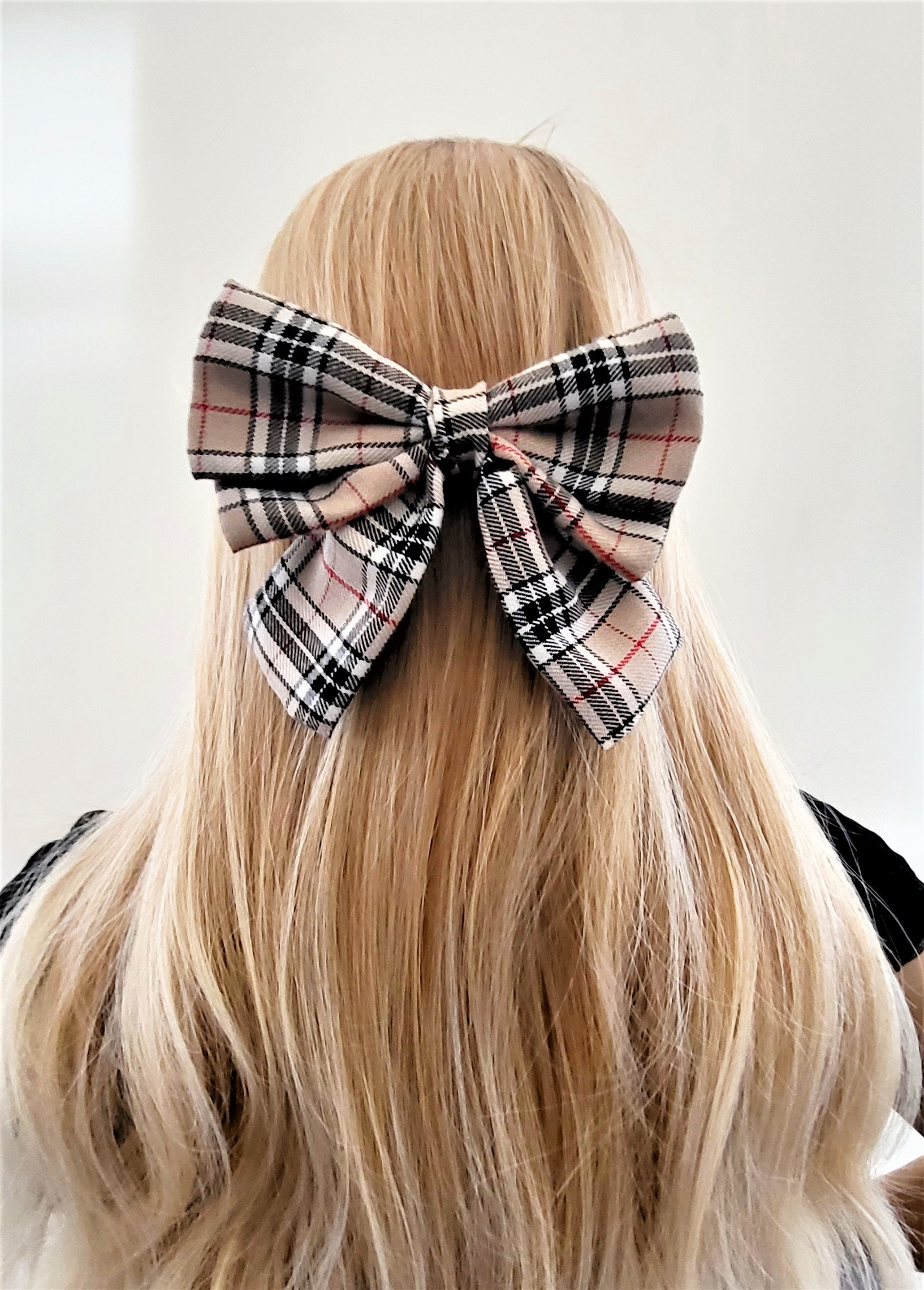 Large double tartan bow in beige and black with rhinestone on a elastic  headband