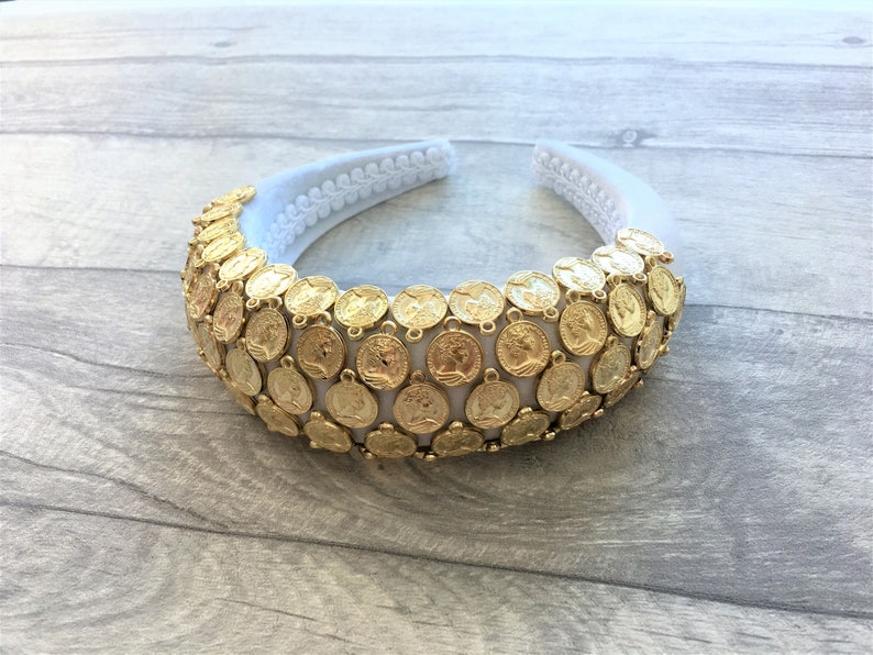 Stunning Coin Design Jewelled Headband On White Deeply Padded Etsy