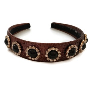 Glittery Bronze Metallic Brown Fabric Jewelled Headband Hair Band with Black Cabochon Diamante 2.8 cms Wide