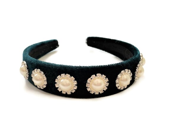 Green Velvet Jeweled Headband – Faux Pearl & Crystal Hair  display picture 3