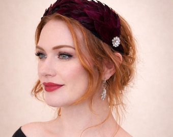 New Dark Burgundy Fascinator Wine Dark Red Feather Velvet  display picture 3